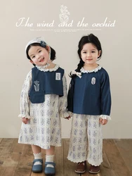 Girls' Spring Full Print Flower Sweet Cute A-line Dress Loose Straight Leg Pants Multi Piece Set Trendy
