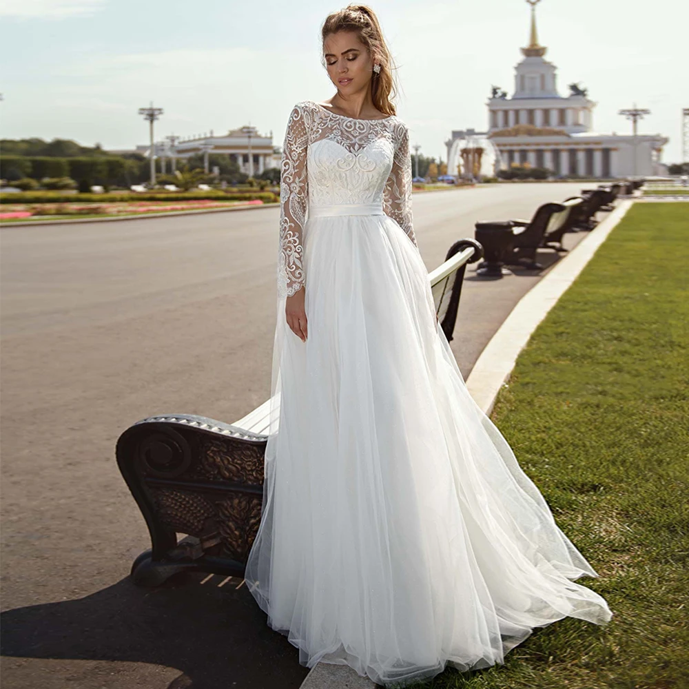 

Weilinsha A-Line Appliques Wedding Dress for Bride Classic Long Sleeves Scoop Neck Corset Women Tulle Bridal Gowns