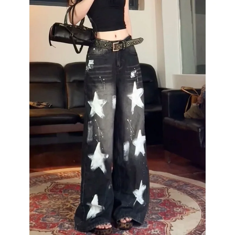 

Wide-leg Trousers Denim Jeans Women's Autumn American Style Five-pointed Star Graffiti Print High-waisted Flattering Silhouette