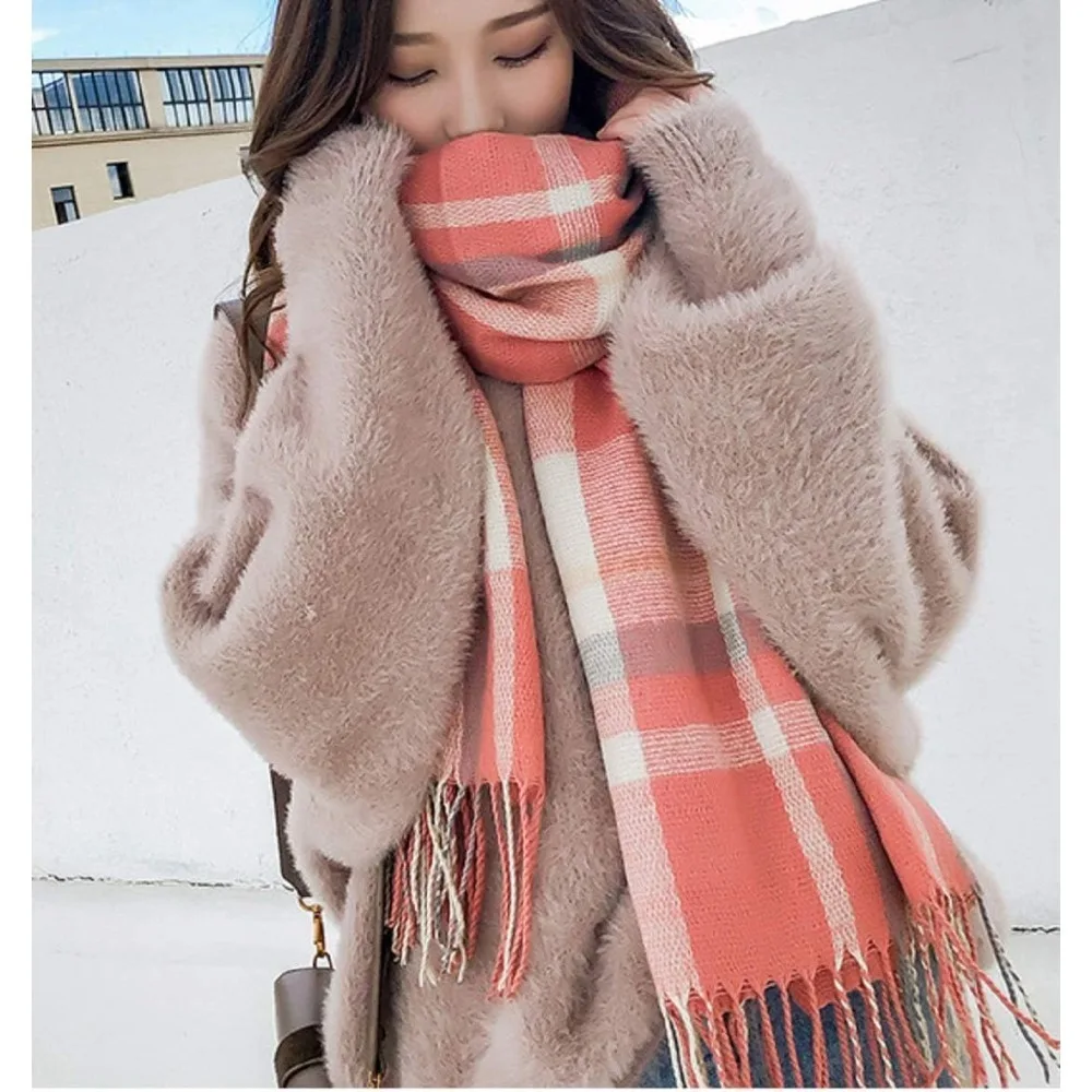 여성용 패션 스카프 롱 숄 겨울 두꺼운 따뜻한 니트 대형 체크무늬 스카프