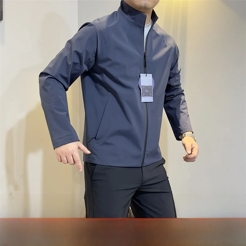 

Spring Men's Sl High-End Fully Sed Stand Collar Jaet Mixed Protein Silk Faionable Outerwear Stand Fit Long Sl...