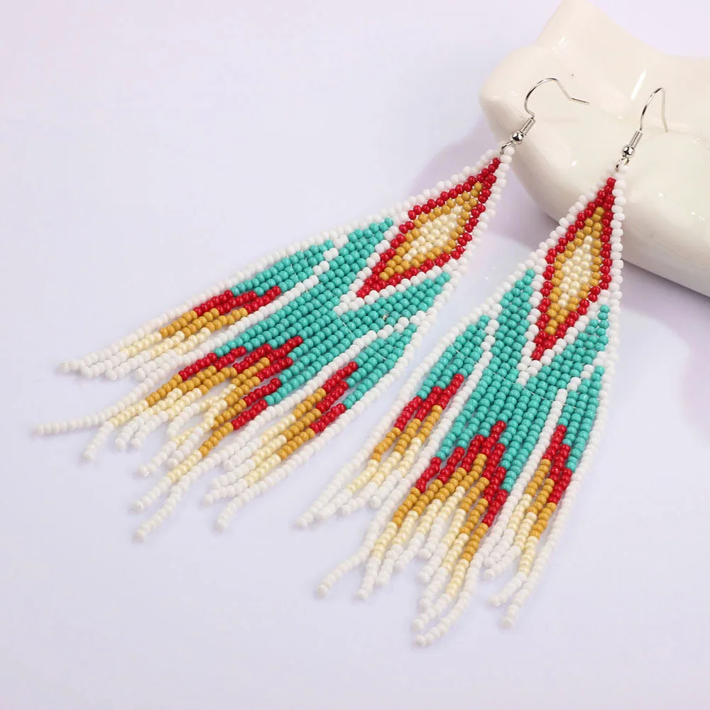 ZGMXR Rice bead earrings Tassel Geometry Hand knitting Design Rainbow Bohemia Alloy Female Fashion Simple Beaded earrings