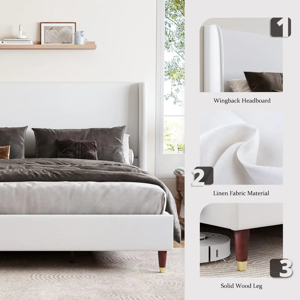 Bed Frame Upholstered Bed Frame and Wingback Headboard/Wood Slat Support/No Box Spring Needed/Easy Assembly