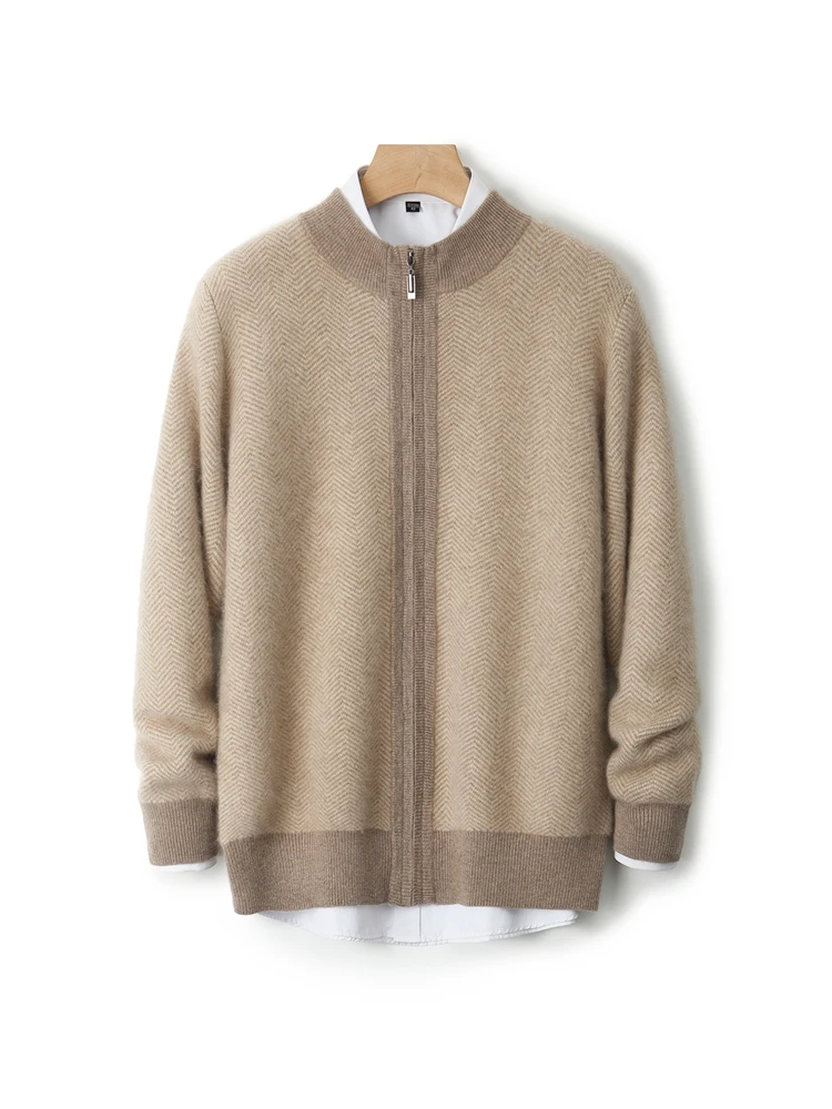 TLOML Men's 100% Merino Wool Knitwear O-neck Herringbone Pattern Zippers Cardigan Autumn Winter Sweater Thick Smart Casual Coat