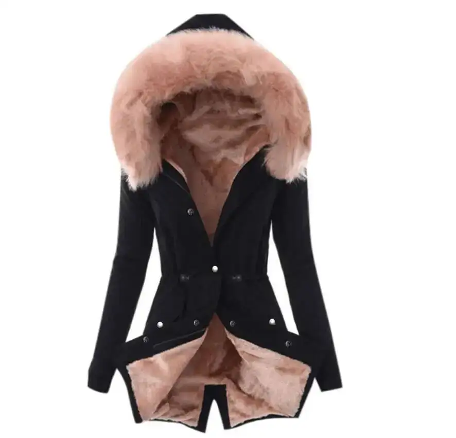 

New Winter Fashion Long Sleeve High Neck Single Breasted Fur Collar Slim Fit Hooded Jacket For Women,8 Colors