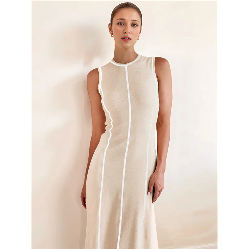 เดรสเสื้อยืดแขนกุดผู้หญิง A09P สำหรับฤดูร้อน ผ้าถักลายริบตัดสี ทรงแม็กซี่