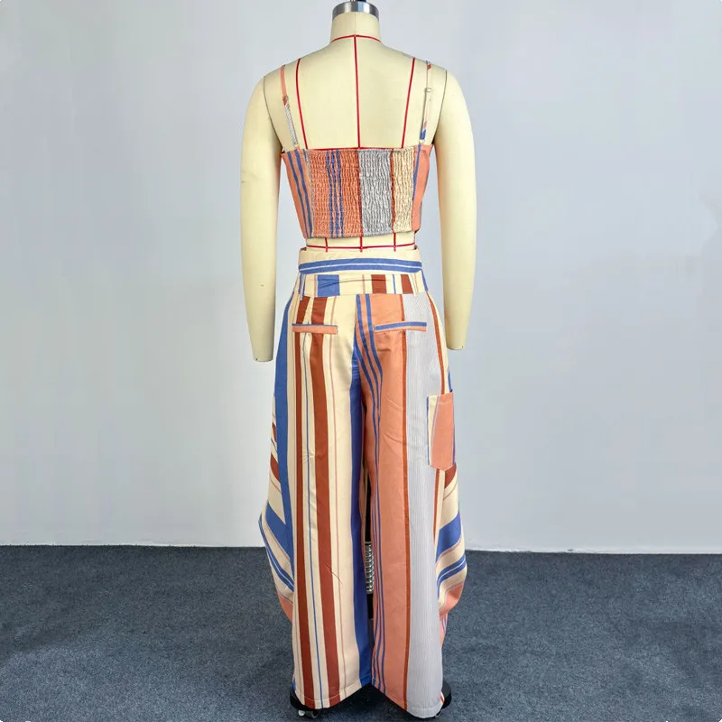 New Fashion Women Two Piece Set Spaghetti Strap Lace Up Crop Vest Top And Wide Leg Pants Set Streetwear - view 6