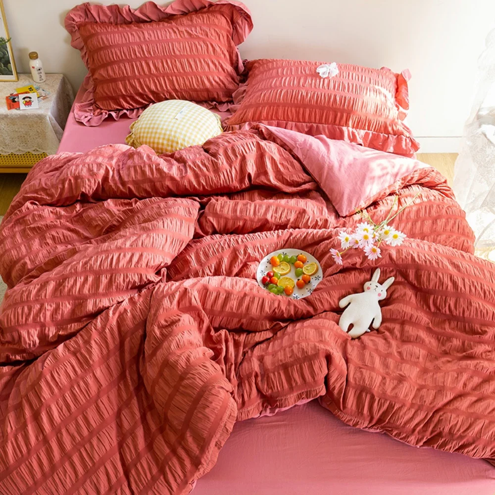 

Korean Princess Seersucker Kawaii Comfortable Breathable Bedding Set Solid Color Super Soft Lovely Ruffles Girl Duvet Cover Set
