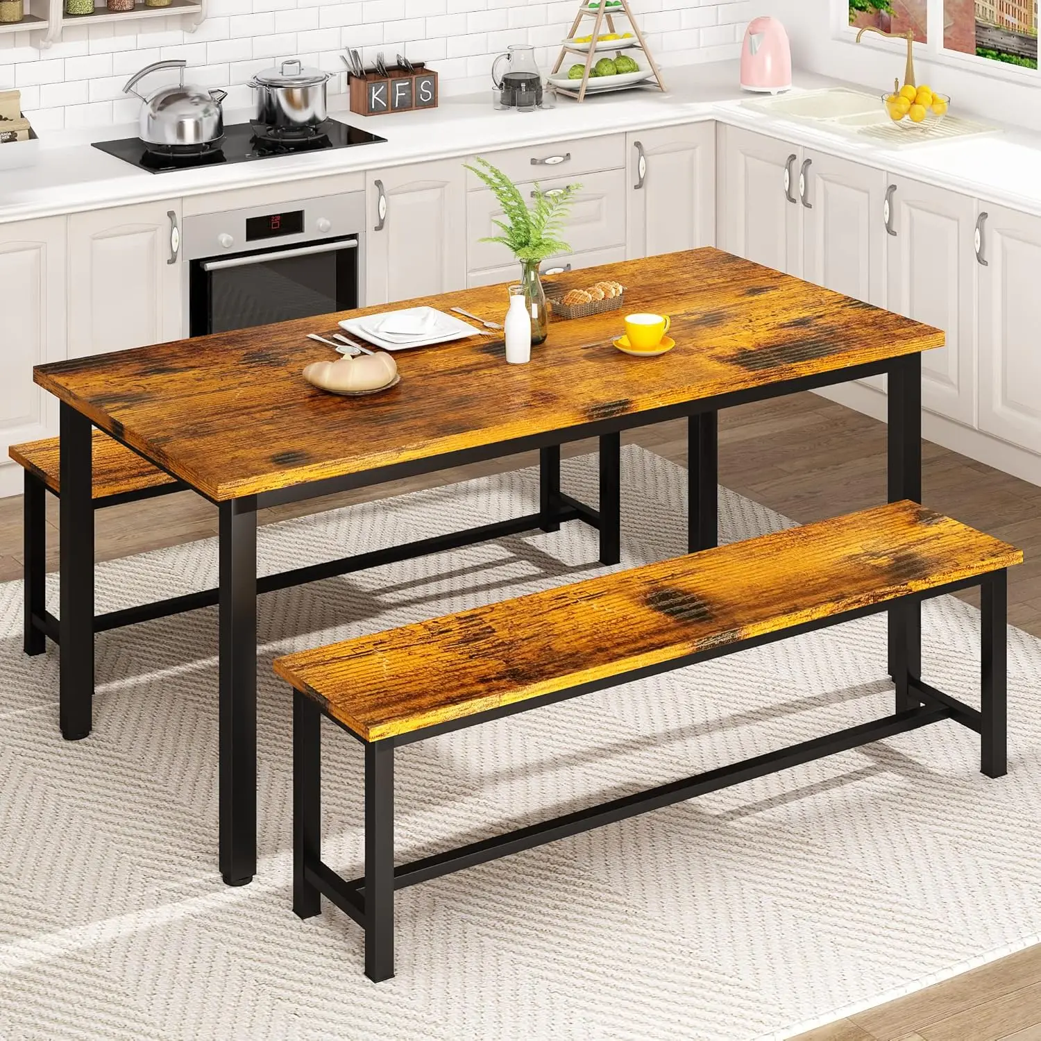 Kitchen Table Set with 2 Benches 4 Person Dining Room Table Set for Home Kitchen, Dining Room, Restaurant, Space Saving,