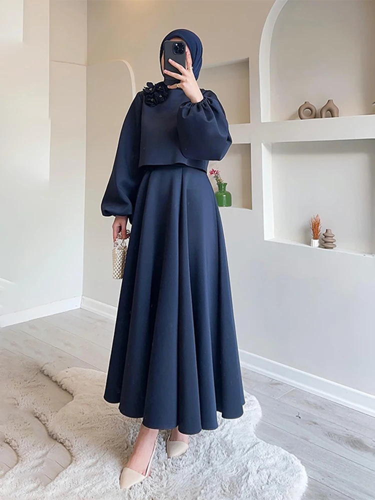 Dresses for Formal Occasions Elegant Muslim Suit Women Sets Fall 2024 Chic Two Pieces Set Solid Top and Long A-line Skirt