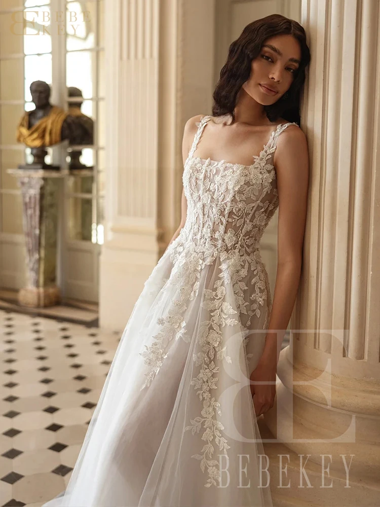 BEBEKEY Customized Lace Beaded Flowers Wedding Dress Square Collar Formal Party Gown vestidos de novia image 3