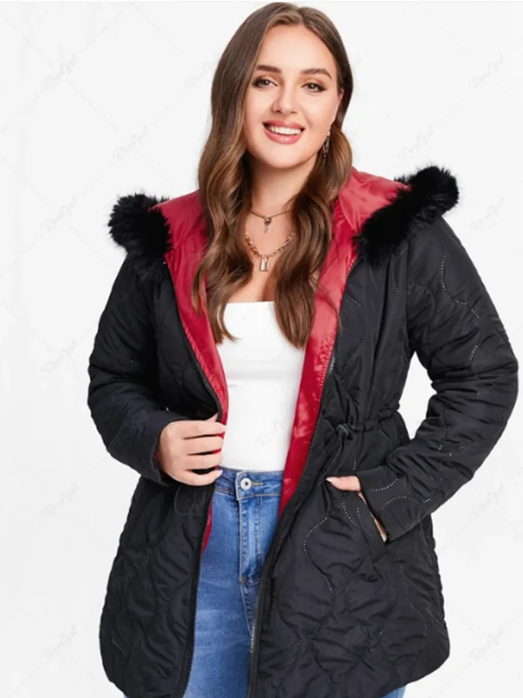 Plus Size Faux Fur Panel Elastic Waisted Hooded Quilted Jacket 2023 New Winter Down Coat Unisex Fur Collar Hooded Park Coat