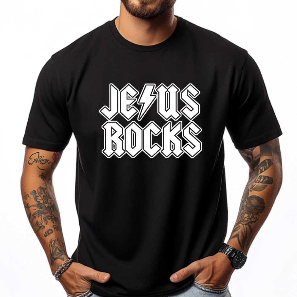 Jesus Rocks Funny Christian Rocker Jesus Rocks Black Shirt Tees Mens Gifts Punk Designer Clothes Men Natural Camiseta Printing