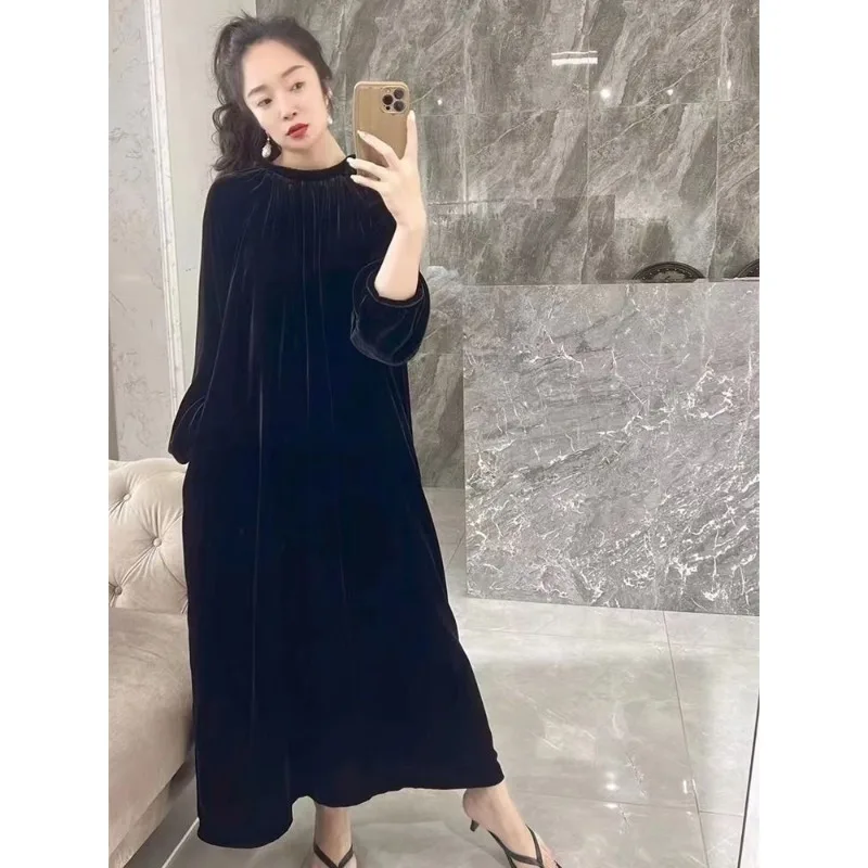 Autumn Long Sleeve Canary Velvet Dresses Extra Large Size 150kg Loose Cover One's Belly Look Slimmer Inner Cloth Long Base Dress