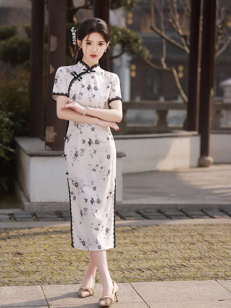 

Fashion Chiffon Vintage Chongsam Elegant Chinese Style Dress Flower Print Women Qipao Banque Gown