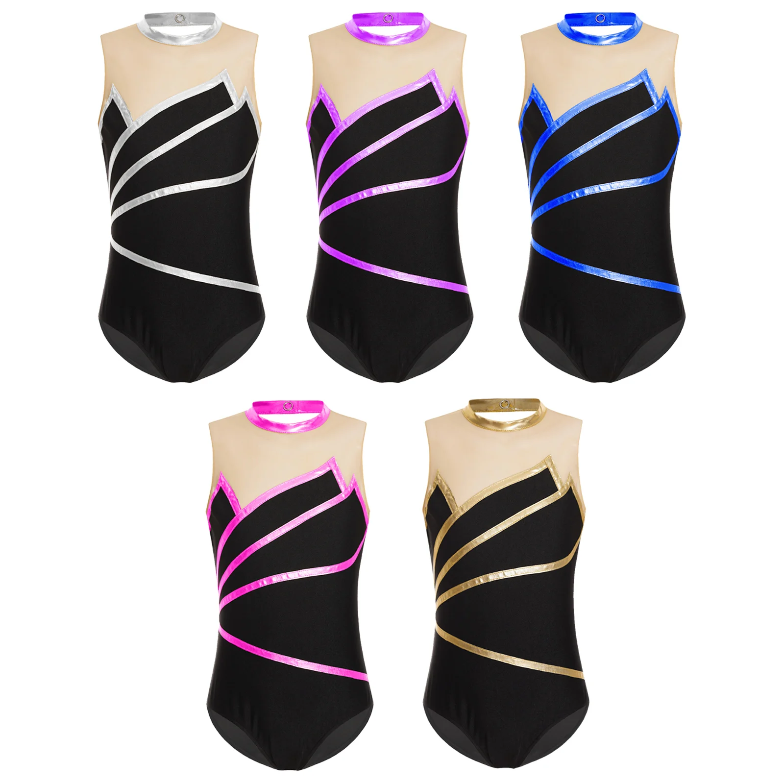 Kids Girls Metallic Gymnastic Leotard Ballet Bodysuit Sheer Mesh Sleeveless Keyhole Back Figure Ice Skating Jumpsuit Dancewear