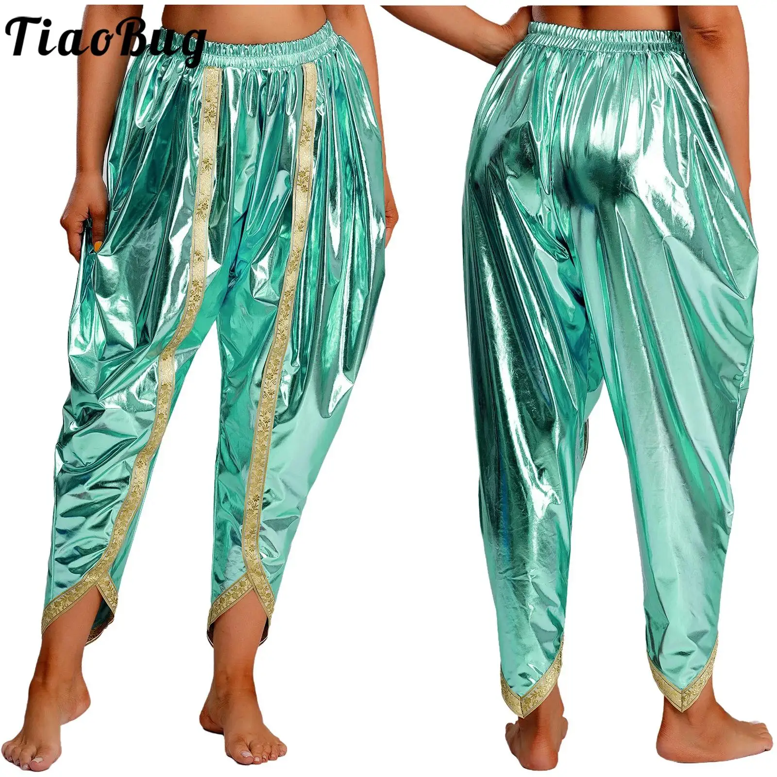 

Women Indian Dhoti Pants Belly Dance Costume Metallic Shiny Arab Baggy Pants Tribal Harem Palazzo Pants for Theme Party cosplay
