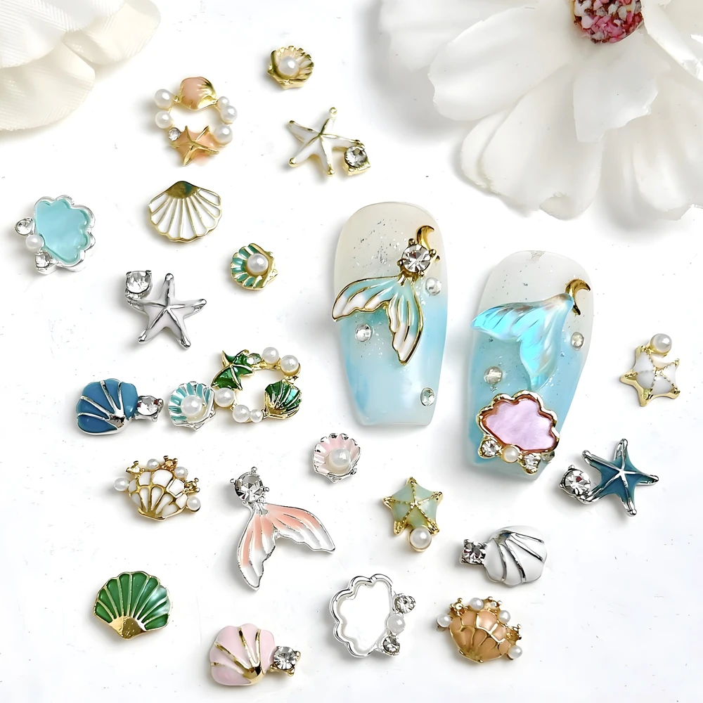 20PCS Mixed Design 3D Luxury Alloy Shell Starfish Nail Art Charms Rhinestone Pearl Fish Tail Accessories Manicure Decorations