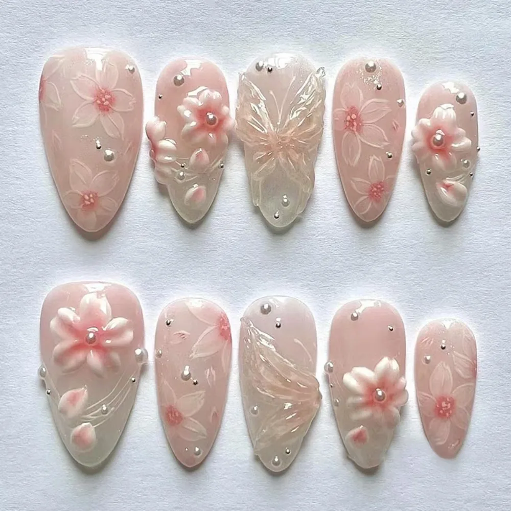 

24pcs Manicure Long Almond False Nails French Flowers Starfish Fake Nials Detachable Misty Blue Retro Nail Tips Women
