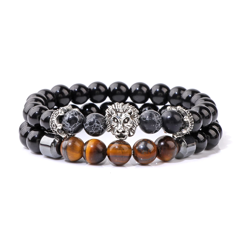 Silver Color Lion Head Bracelets For Men Black Onyx Tiger Eye Stone Beads Bangles Crown Charm Bracelet Fashion Jewelry Plusera image 4