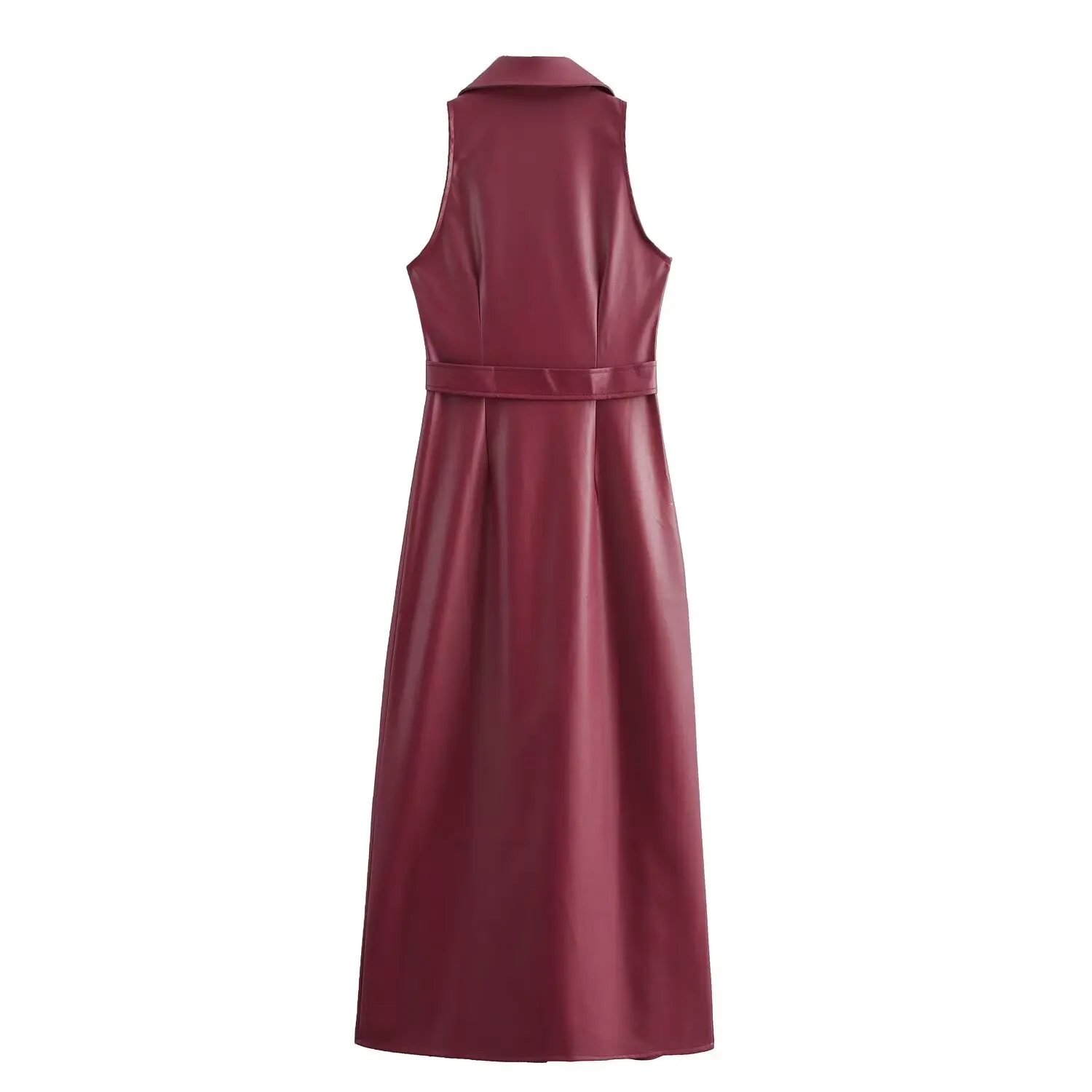 TRAFZA-Women Commuter Vintage Long Dress Burgundy Belt Button Lapel Waist Dress New 2024 Spring Summer Stylish Dinner Date Dress