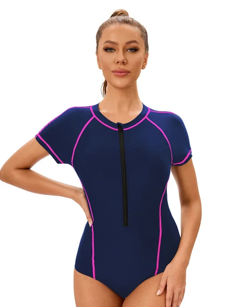 サーフィン スポーツ ビキニ 無地 コンサバティブ ワンピース 半袖 水着 ジッパー モノキニ 水着 ボディスーツ 2025 夏 新作