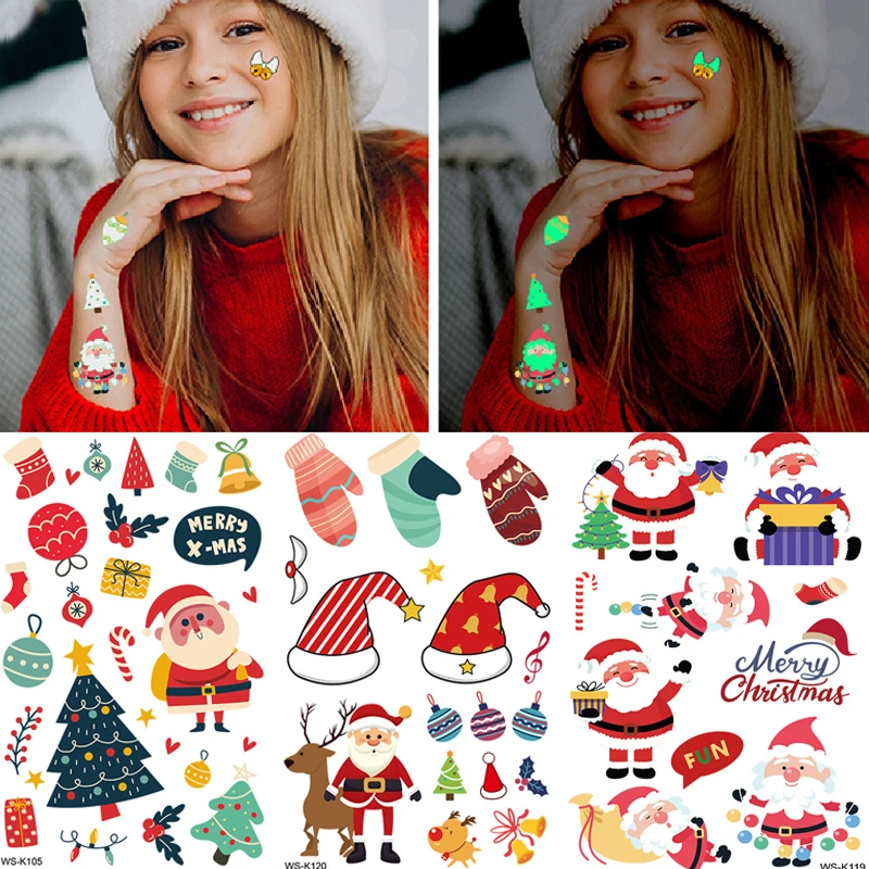 Christmas Luminous Temporary Tattoo Sticker Cute Cartoon Transfer Children Kids Face Arm Body Art Festival Party Fake Tattoo 1PC