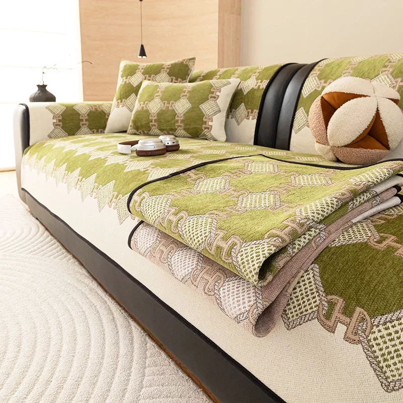 Fashion Minimalist Grid Chenille Anti-Slip Sofa Cover, for Living Room All Seasons Couch Seat Cover Universal Washable Decor