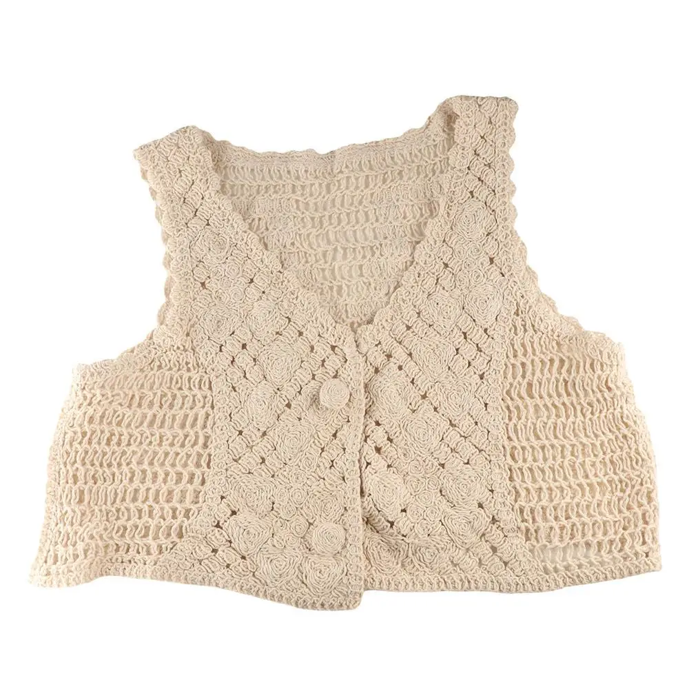 

Spaghetti Strap V-Neck Embroidery Hollow Sleeveless Knitted Tops Ethnic Style Cardigan Women's Crochet Camisoles Short Vest