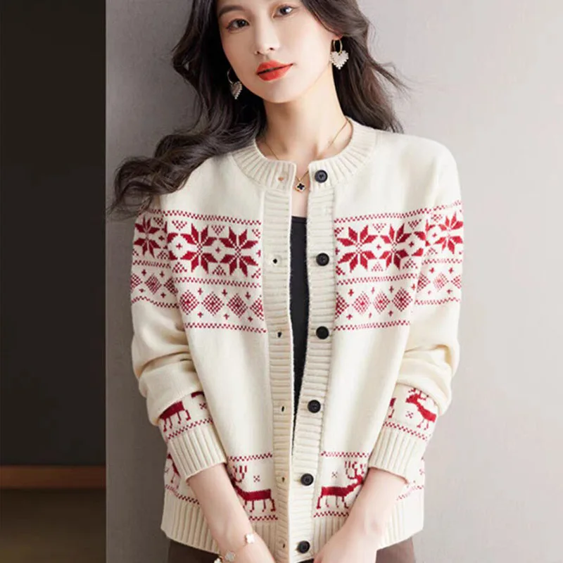 Autumn Winter Vintage Jacquard Loose Knitted Cardigan O-neck Single Breasted Contrast Sweaters Office Lady Fashion Chic Tops