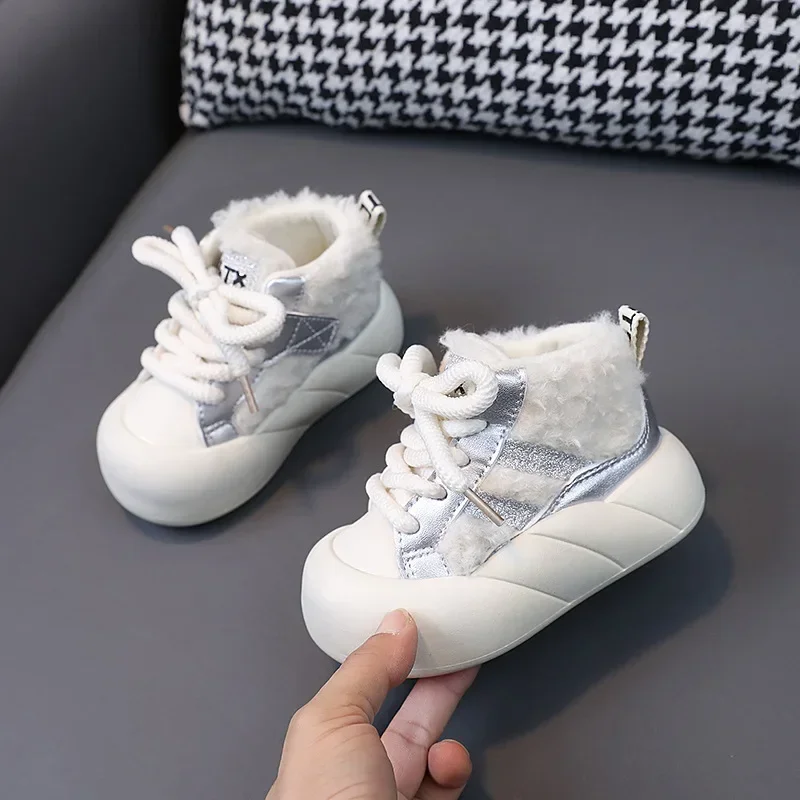 Lamb Wool Trendy Kids Shoes Winter New Style Boys Cotton Shoe Fashionable Children\'s Sports Shoes Girl Board Shoes Ankle Boots