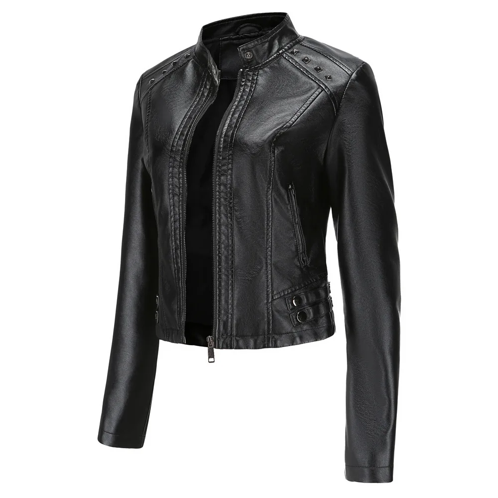 Women's Rivet PU zipper Leather Coat, Black Motorcycle Jacket, Standing Collar, Korean Punk Rock Fashion, Autumn and Winter