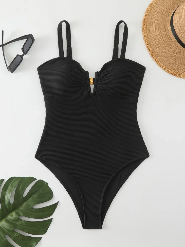 

One Piece Swimsuit Women 2025 New Black V Neck Sling Sexy Bodysuit Monokini Swimwear Summer Beach Wear Bathing Suit For Female