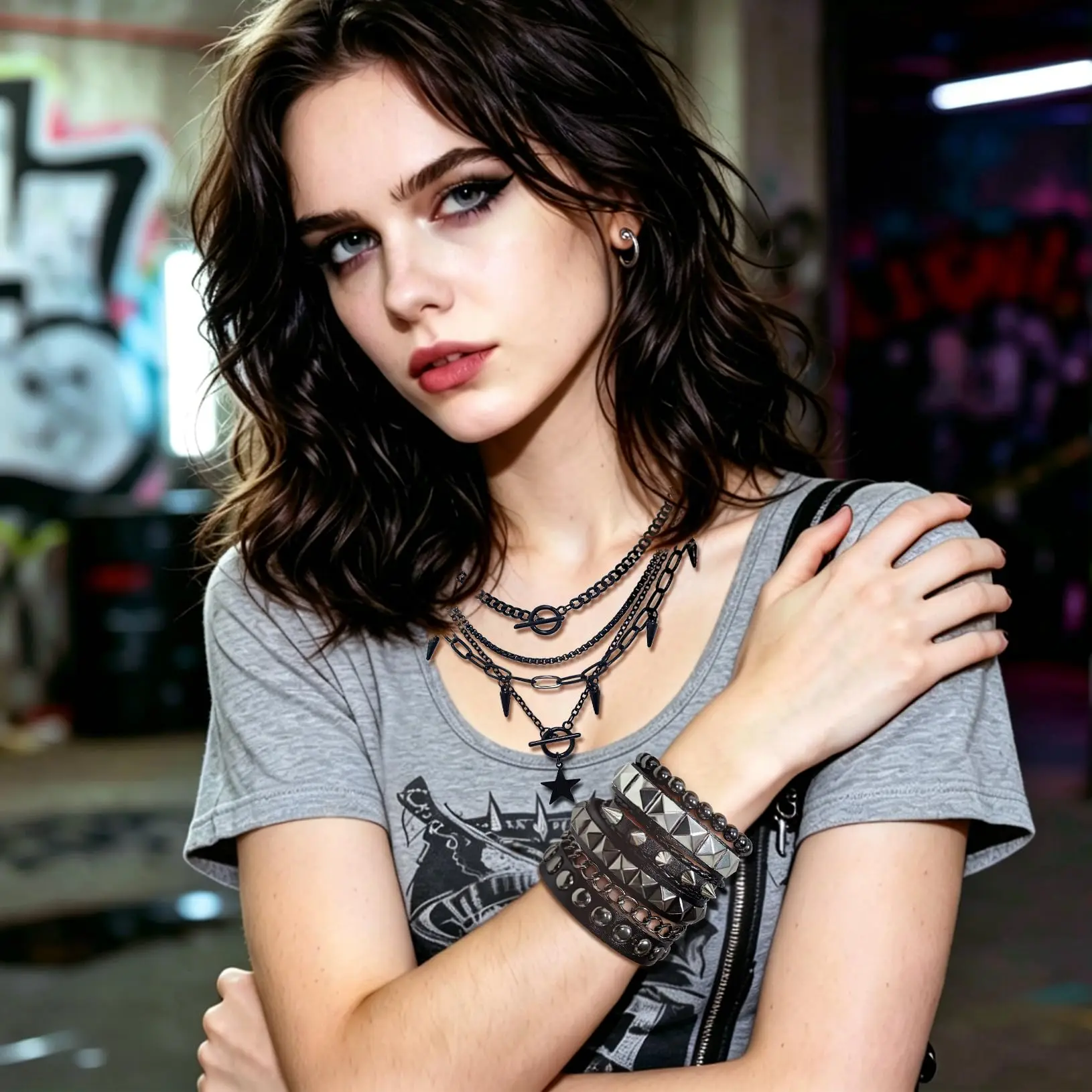Layered Star Goth Necklace & Emo Studded Bracelets Set, Unisex
