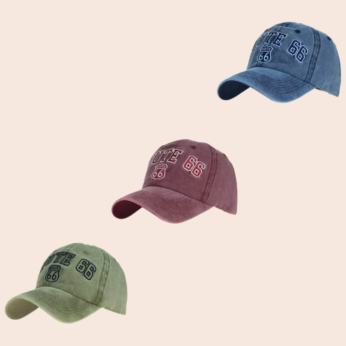 

Outdoor Hiking Fishing Travel Dad Cap Route 66 Letter Embroidery Baseball Cap Unisex Washed Retro Leisure Sunshade Duckbill Cap