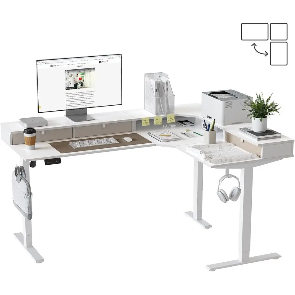 

Large L-Shaped Electric Standing Desk, 63x48 with Reversible Top, 2 Memory Heights | Home Office & Gaming Adjustable Table, Whit