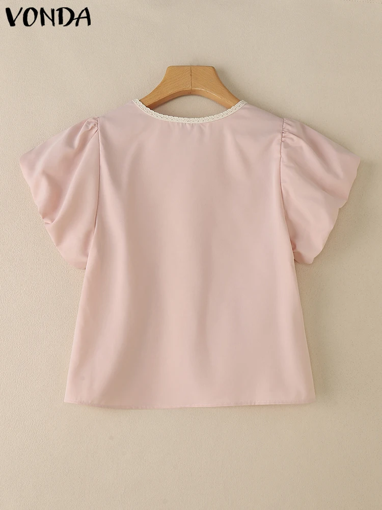 VONDA Fashion Lace Blouse 2025 Summer Women Tops Casual Short Puff Sleeve Bow Shirts Loose Elegant O-Neck Korean Blusas Tops