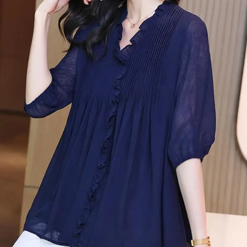 Elegant Fashion Solid Color Folds Chiffon Shirt Summer 2024 New V-Neck Half Lantern Sleeve Loose Pullovers Blouse Women Clothing