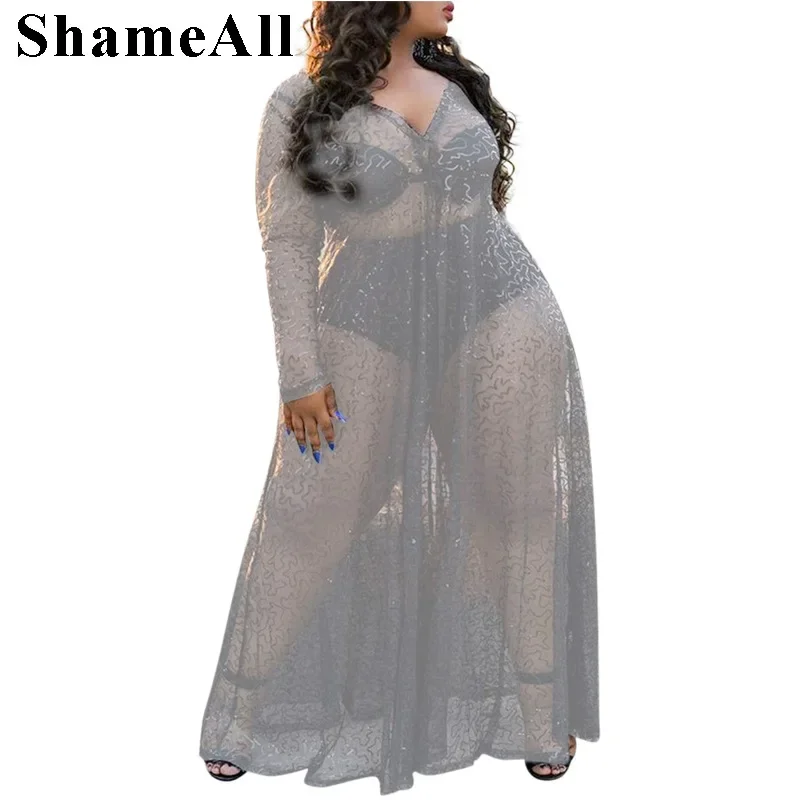 Plus Size Sequined Long Maxi Dres 4XL Summer See Through Red Sexy V Neck Transparent Floor Length Dress Club Party Robe Vestidos