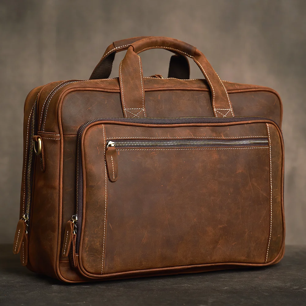 Men's Genuine Leather Handbag Vintage Large-Capacity Travelbag Business Cowhide Briefcase Trip Computer Bag