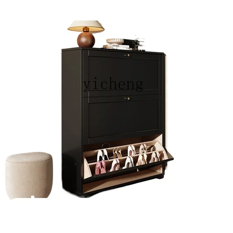 

solid wood retro ultra-thin tipping bucket shoe cabinet home door corridor new black shoe cabinet