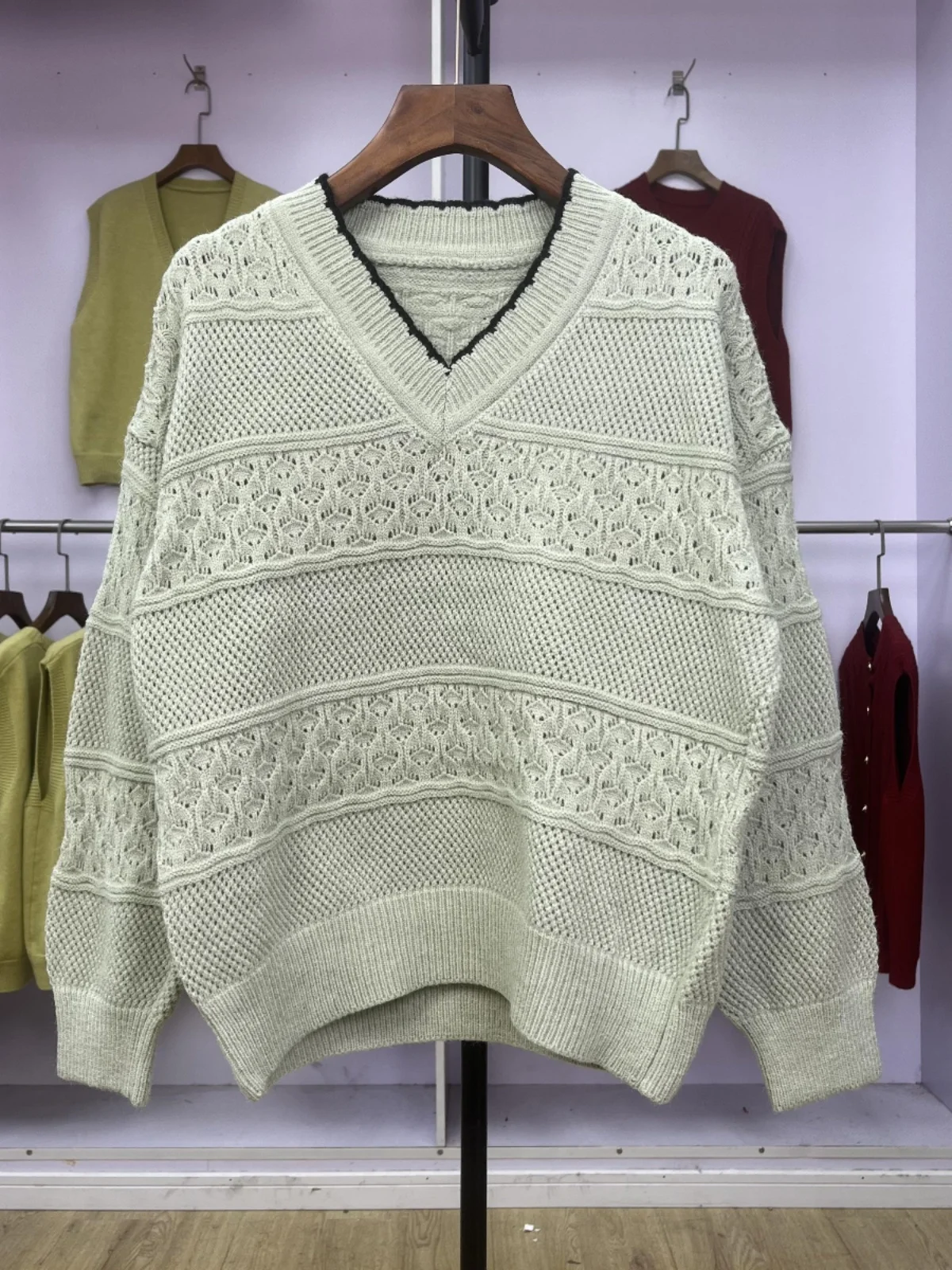 

Женский вязаный длинный свитер Све, ажурный модный свободный нежный пуловер с V-образным вырезом, осень-зима, Новое поступление