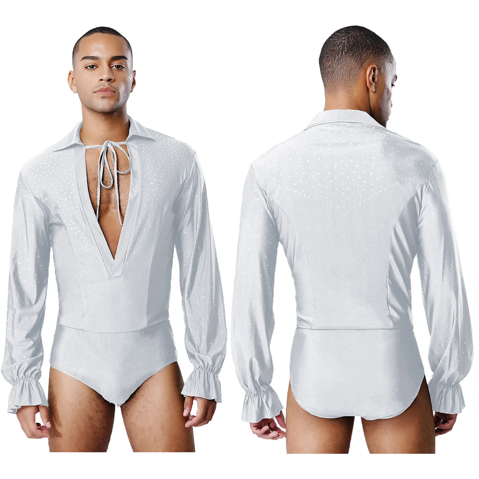 

Men's Rhinestones Waltz Ballroom Dance Outfits Long Sleeve Openable Crotch Bodysuit for Jazz Latin Stage Performance Leotards