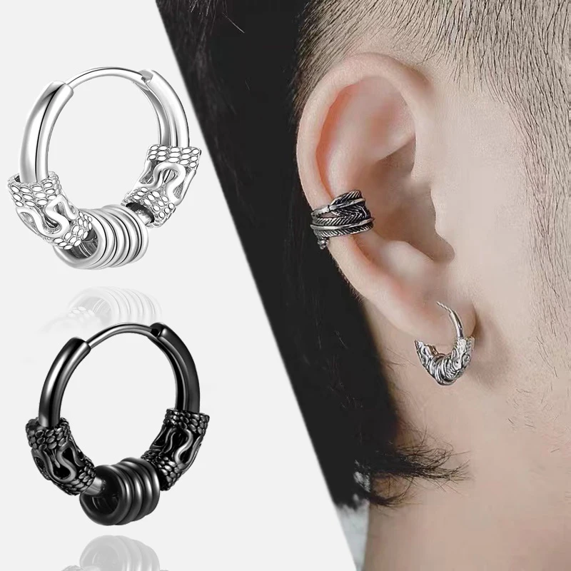 2PC Punk Men\'s Stainless Steel Hoop Earrings For Women Hip Hop Totem Earring For Men Earrings Gothic Ear Stud Jewelry Party Gift