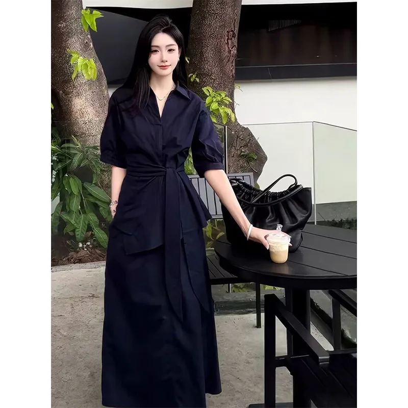 SuperAen Summer New Fashion Lace-up Waist Turn-down Collar Shirt Women's Elegant A-line Long Skirts Two-piece Sets