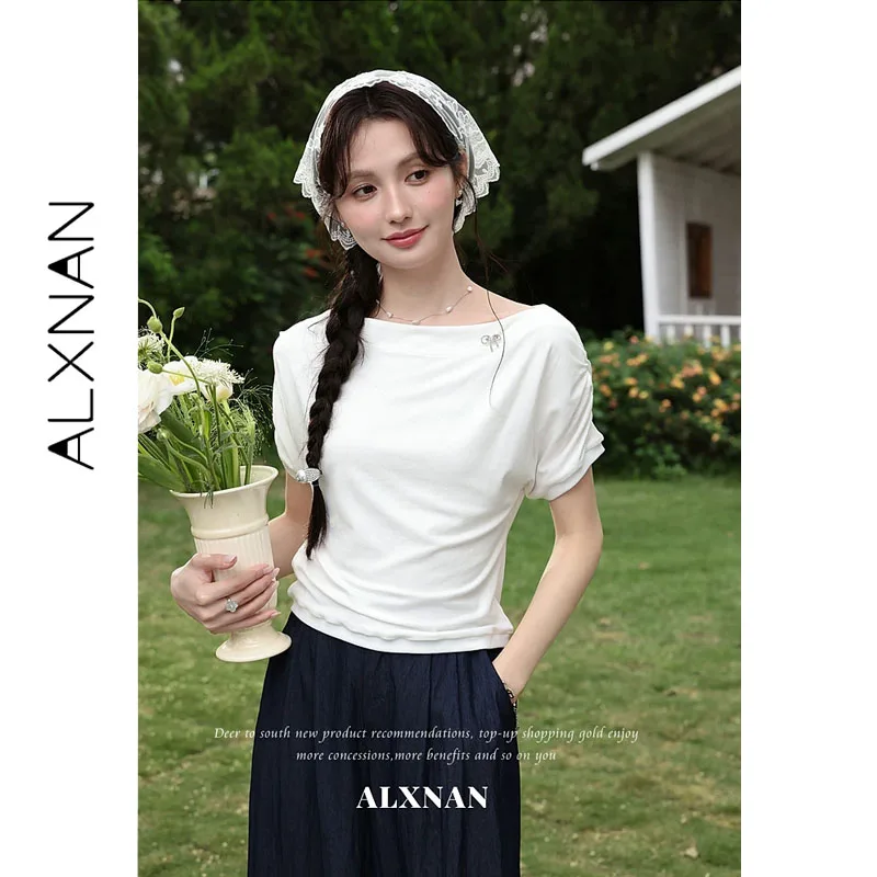 

ALXNAN White T-shirt Women Summer Off-the-shoulder Short Sleeve T-shirts with Ruched Design Metal Bow Decor Top Ladies L65112