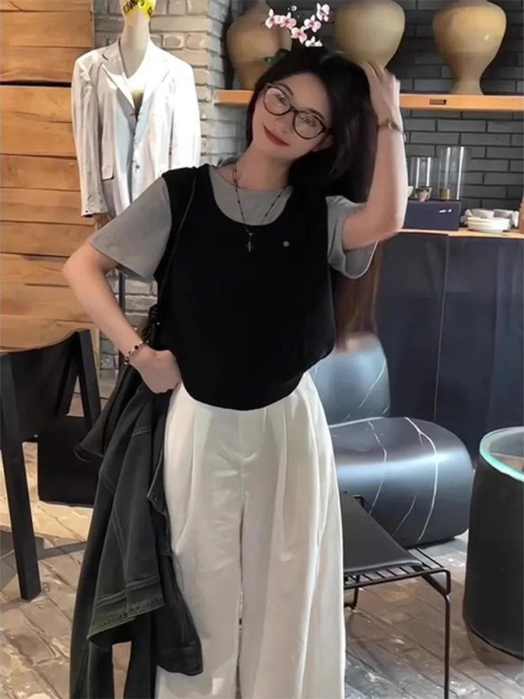 

Уникальная женская футболка с короткими рукавами и цветовыми блоками, летняя модная модель, свободный крой, круглый вырез, стиль для повседневной носки.