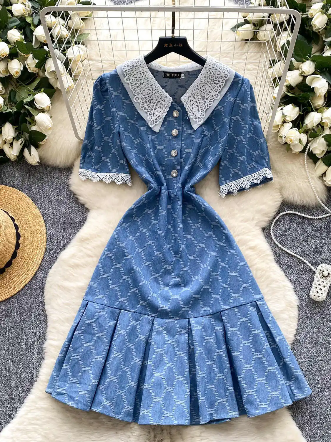 Femmes bleu a-ligne Mini Jean robe Vintage broderie Patchwork Denim robe Y2k col claudine robe d'été vêtements été 2025