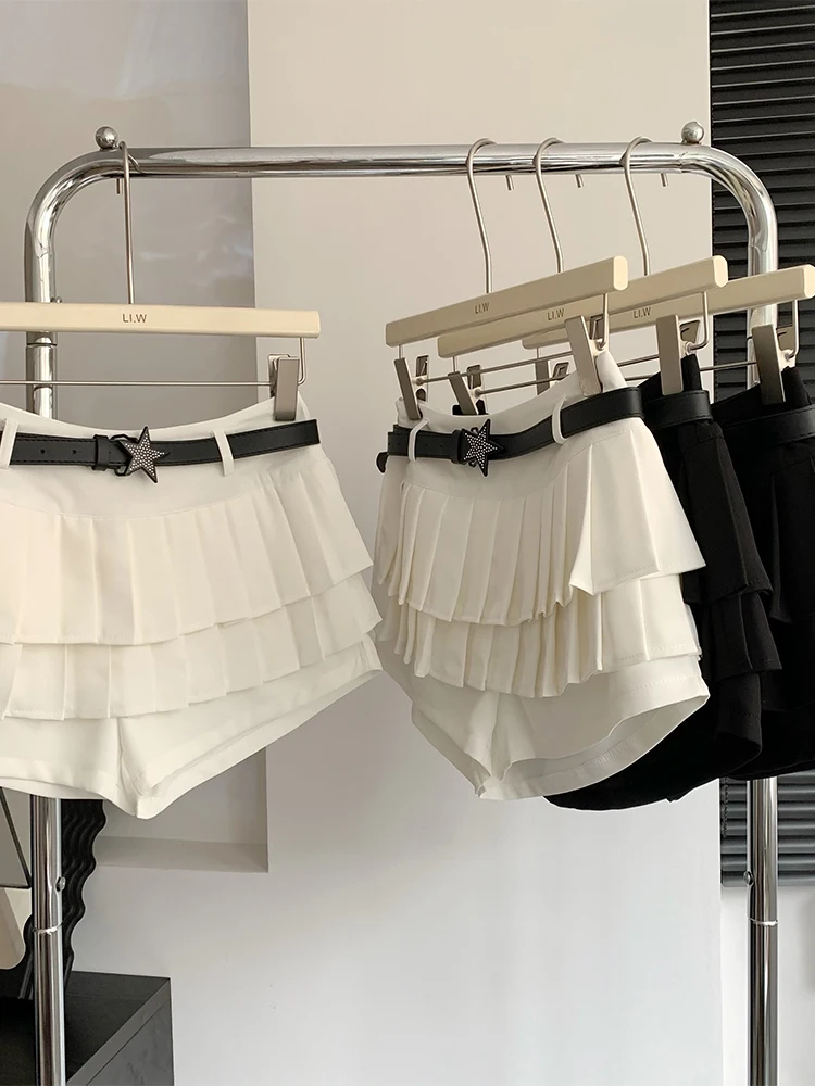 

Women A-line High Waist With Belt Mini Skirts 2023 Fashion New Solid Color Sexy Hot Girls Pleated Skirt Retro Simple Streetwear