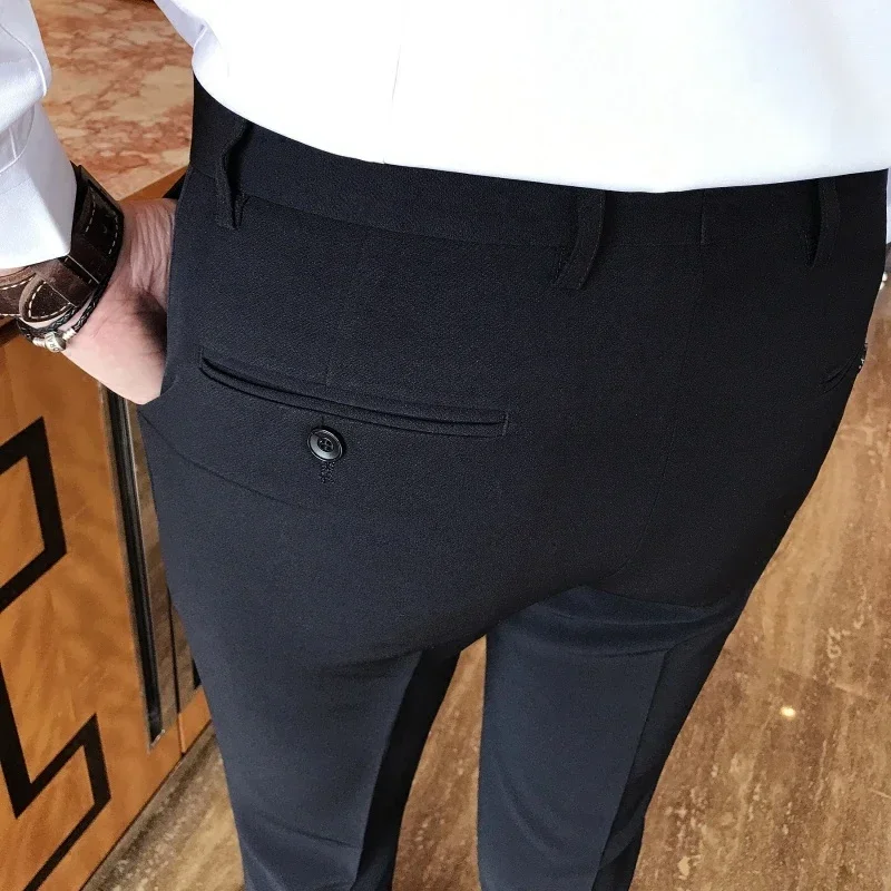 Fashion Boutique Solid Color Business Mens Formal Suit Pants Groom Wedding Dress Pants Slim Male Trousers